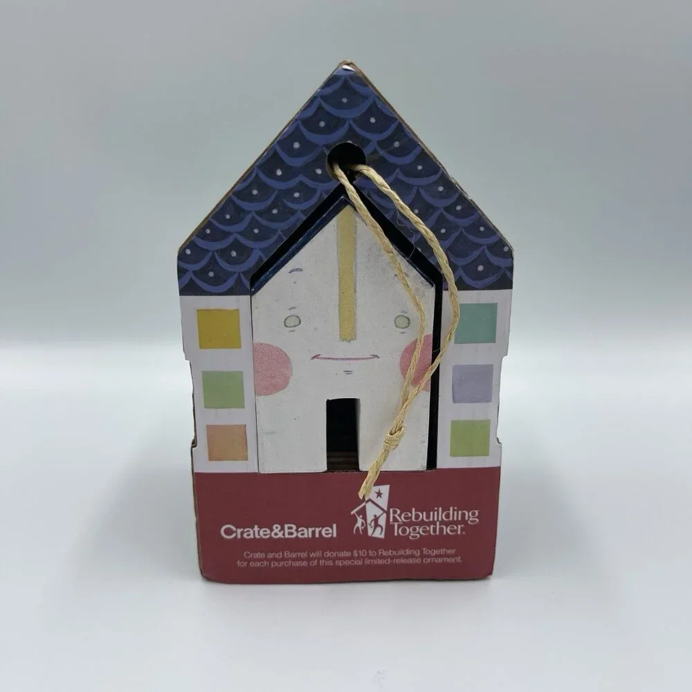 2013 Crate & Barrel Jen Corace Wooden House Christmas Ornament Hearts & Home